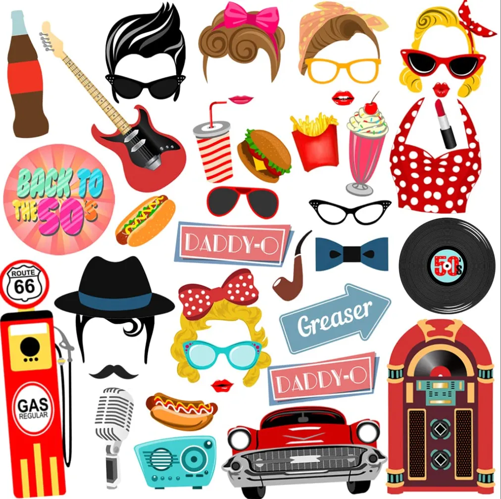 50s Photo Booth Props, 41pcs 1950s 