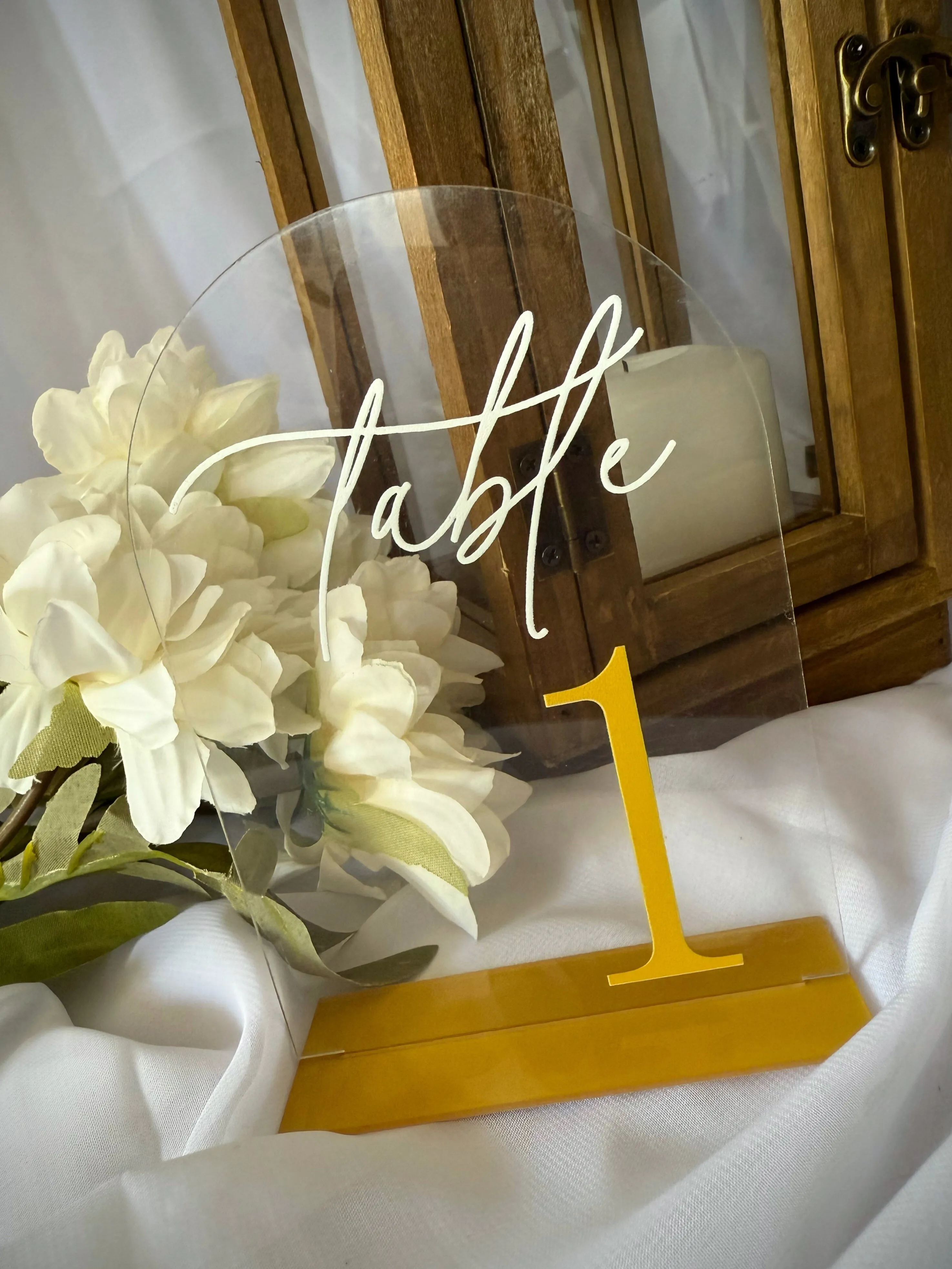 Arched Acrylic Table Number Plate Centerpieces With Gold Stand & Gold Numbers (No. 1-30)
