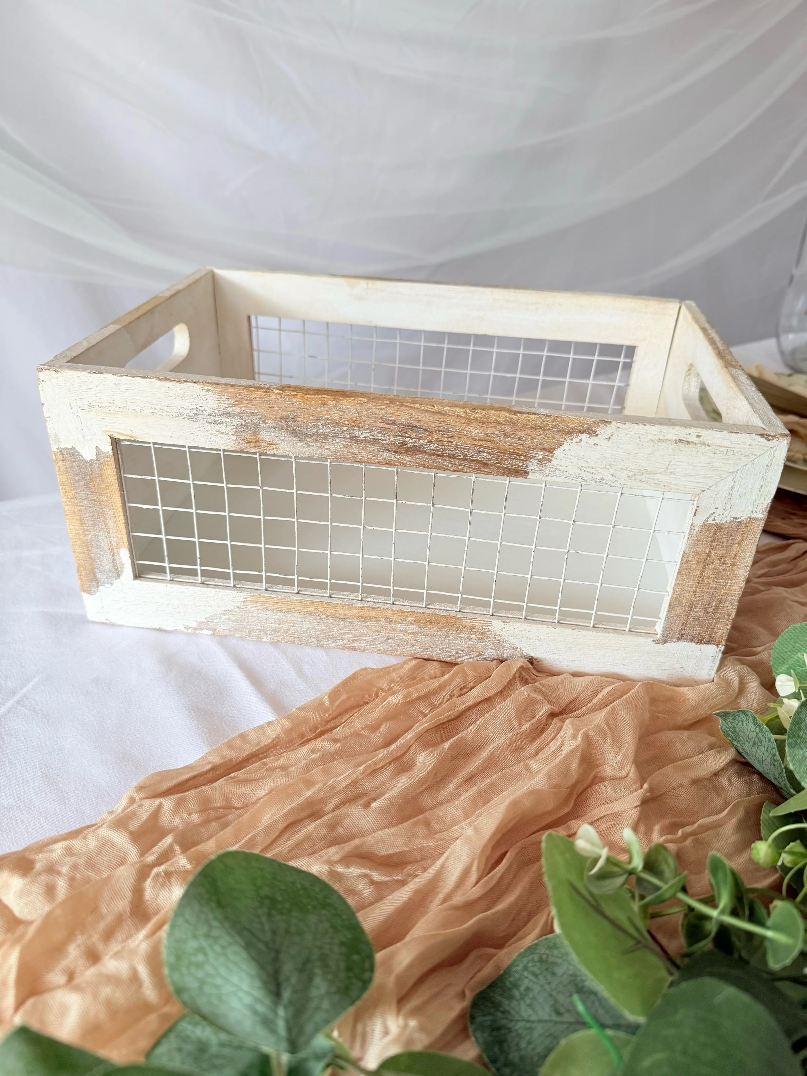 Rustic Whitewash Wire & Wood Crate
