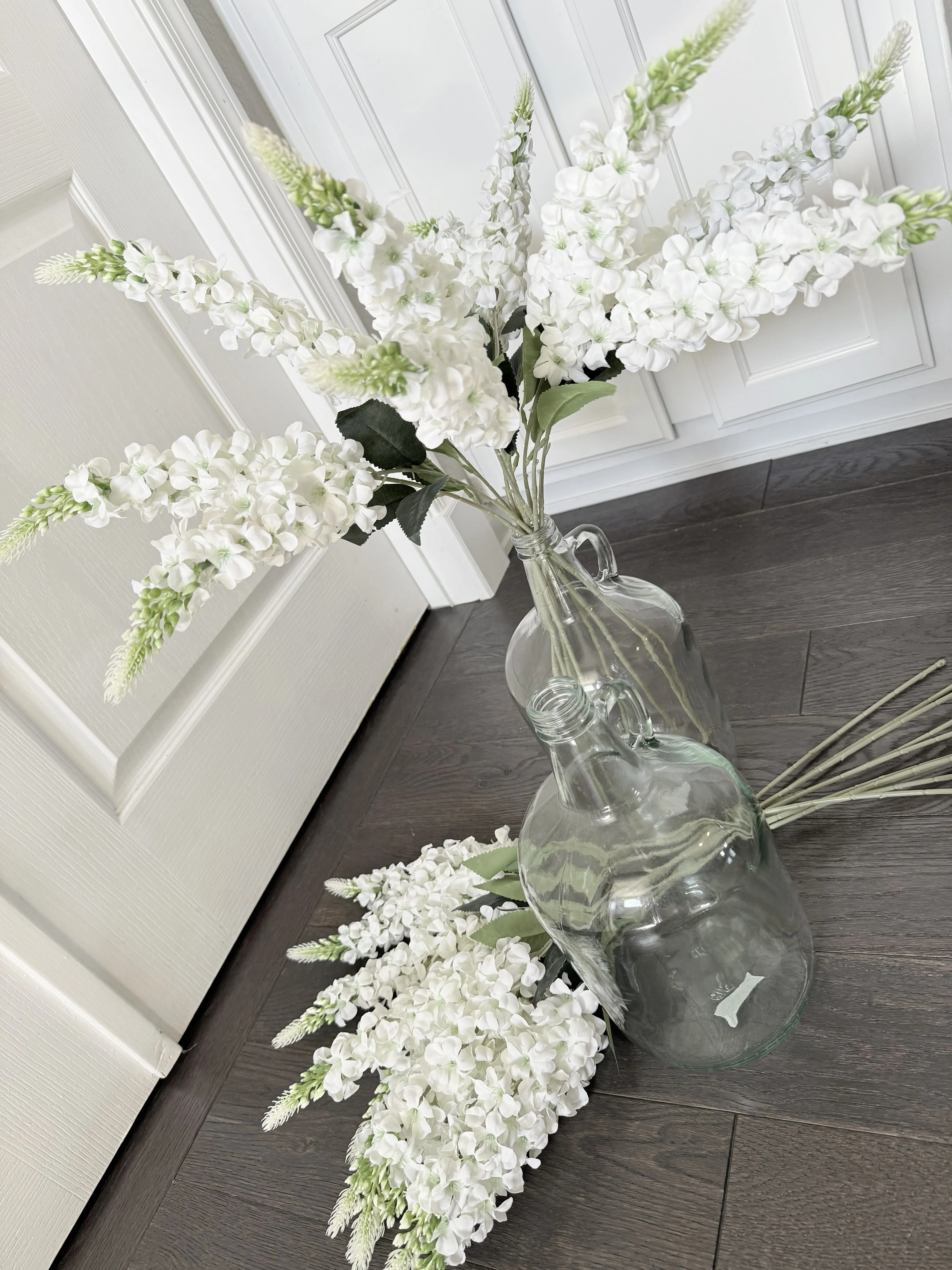 (2Pc set) Large Vintage Glass Jugs With 20 White Silk Long-Stem Hyacinth Florals