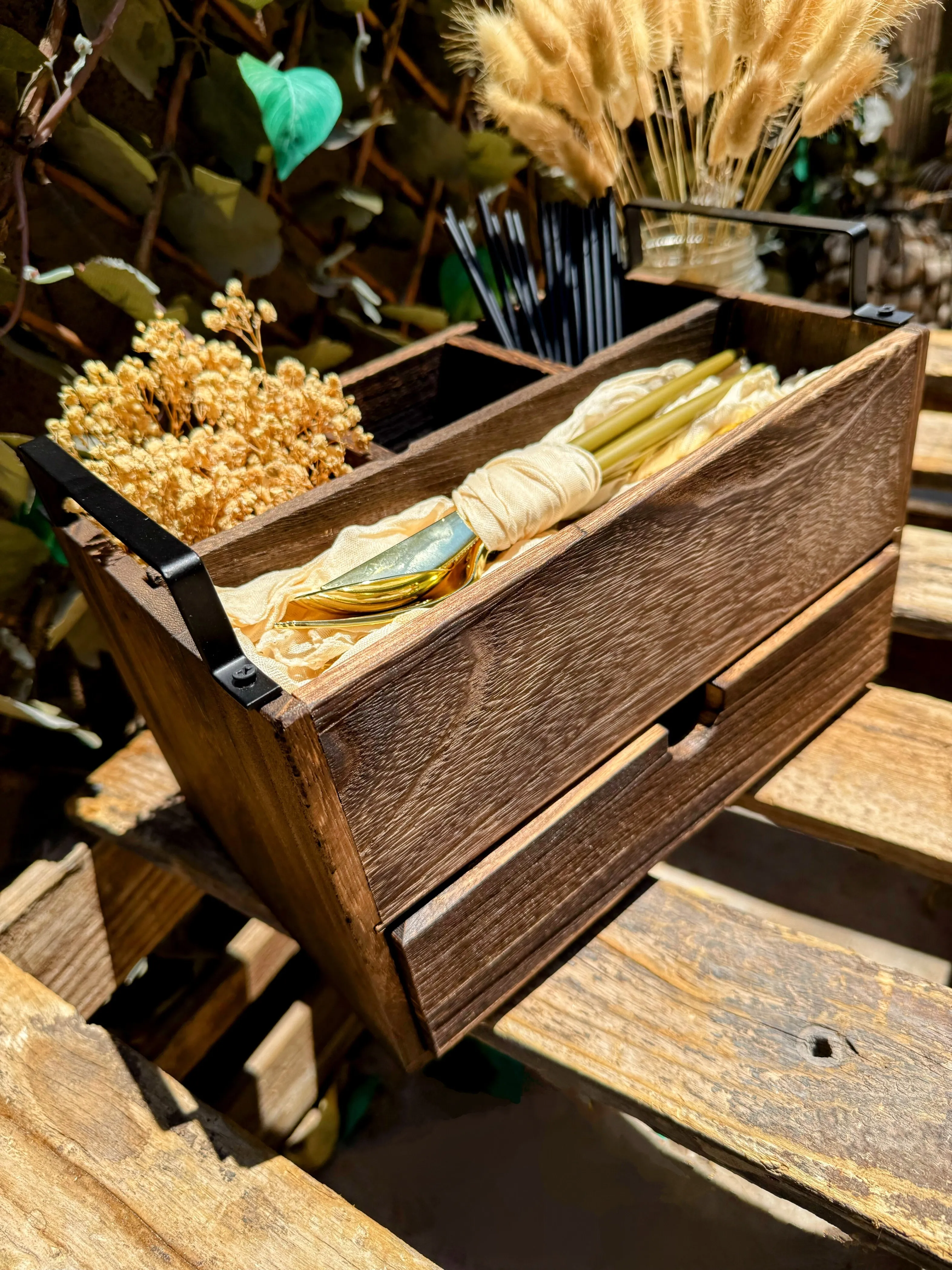 Wooden Serving + Utensil Crate With Drawer + Handles