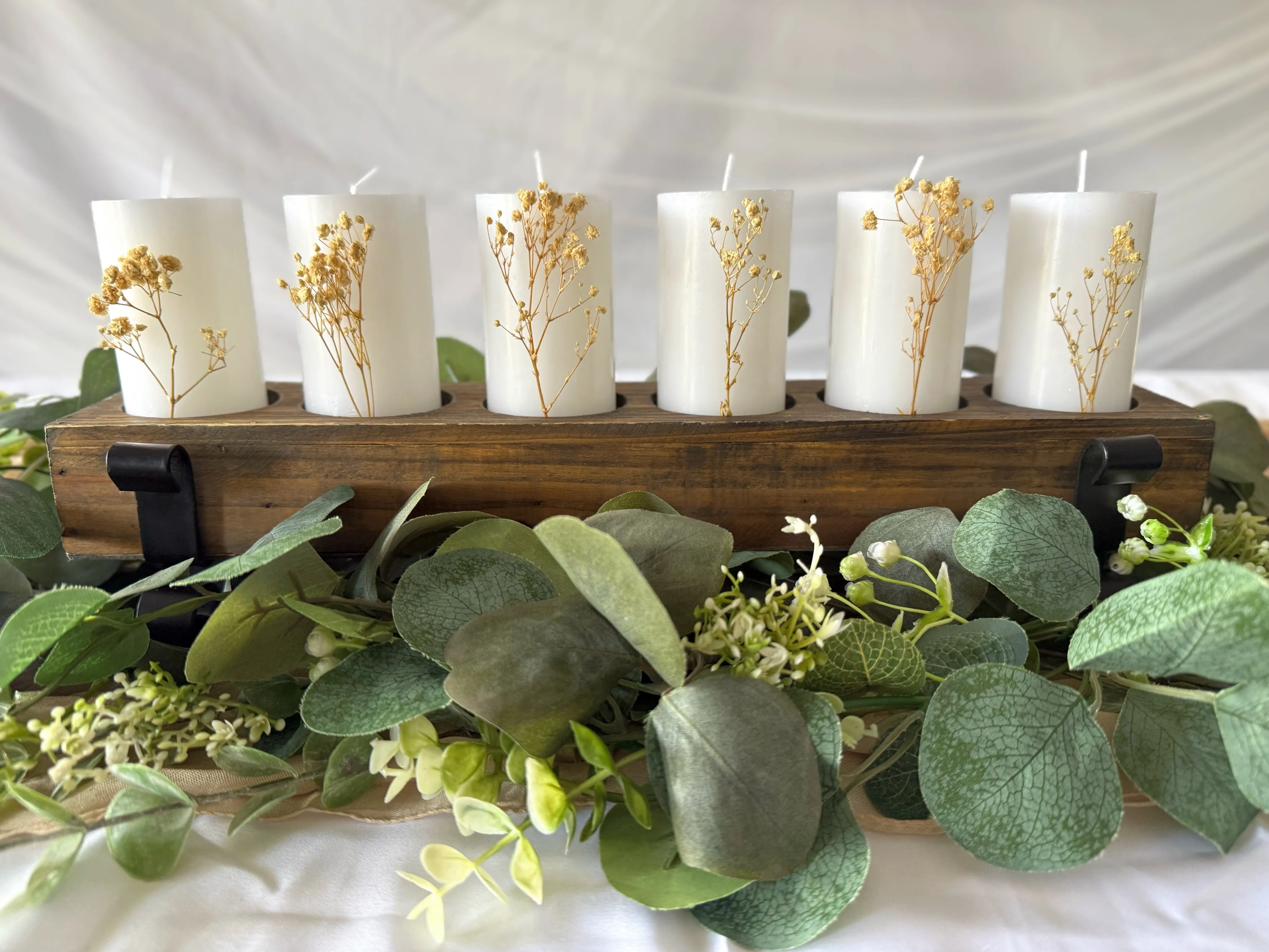 Six Hole Natural Wood Plank & Iron Candle Holder With Six White Pillar Candles