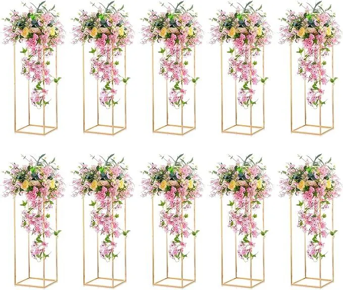 Nuptio 10 Pcs Gold Vase Metal Column Stand Road Lead Geometric Centerpiece Vase for Tables, 31.5½ inch Floor Vases Decorative Tall Flower Rack for Home Event Party Wedding Decorations for Reception