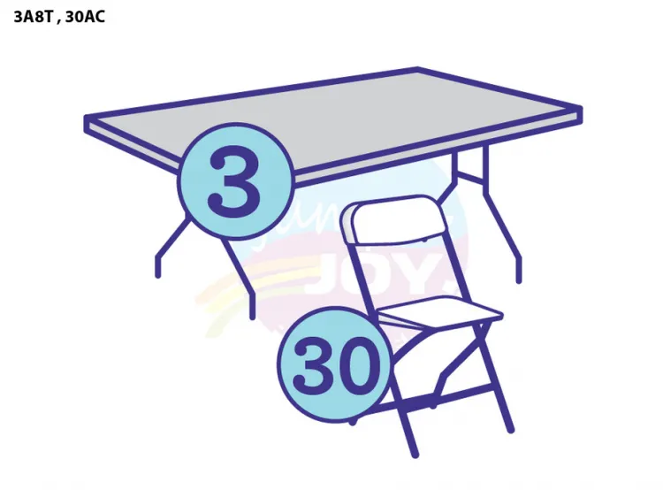 3 Adult 8' Rectangular Tables, 30 Adult Chairs