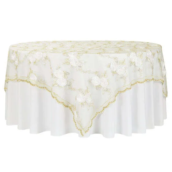 Vintage Veil Embroidery 90"x90" Square Table Overlay Topper - Gold & Ivory
