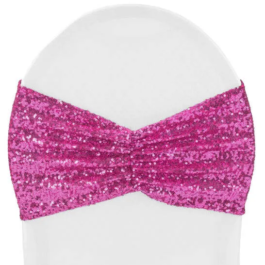 Glitz Ruffle Sequin Spandex Chair Band Sash - Fuchsia