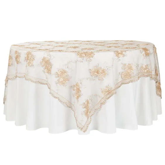 Vintage Veil Embroidery 90"x90" Square Table Overlay Topper - Champagne