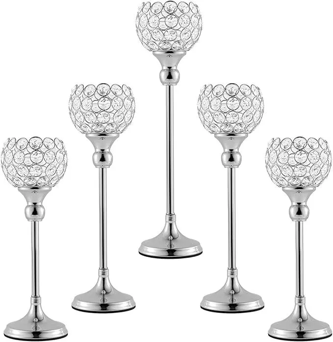 ECOM KING Silver Crystal Candle Holder,Tea Light Candlestick Holders for Wedding Table Decoration,Centerpiece for Party Home Decor(Silver,5Pcs)