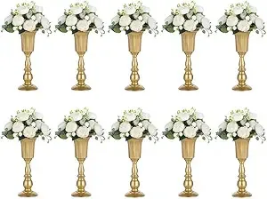 Nuptio Pcs of 10 Metal Trumpet Vase Elegant Wedding Centerpieces Vase for Party Decoration, 31.9cm/12.56" Tall Artificial Flower Arrangements for Anniversary Ceremony