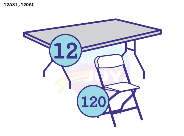12 Adult 8' Rectangular Tables, 120 Adult Chairs
