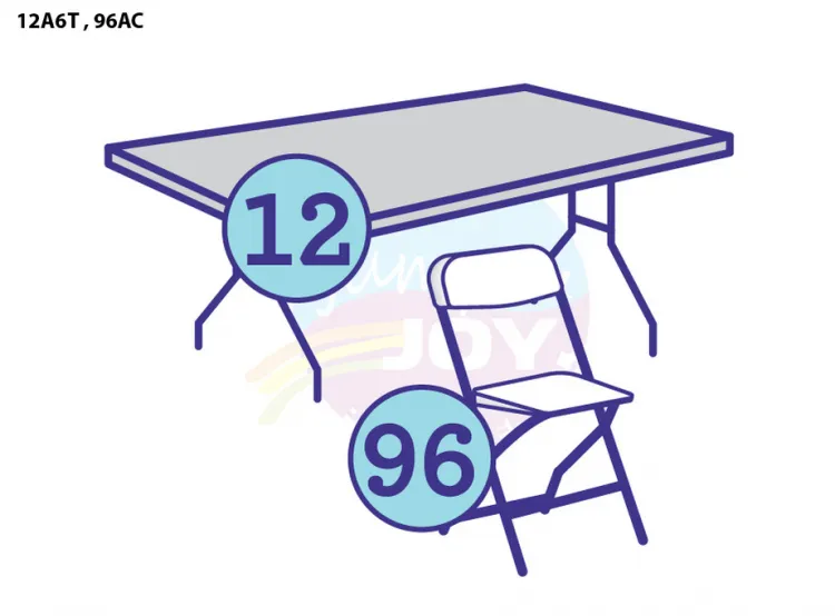 12 Adult 6' Rectangular Tables, 96 Adult Chairs