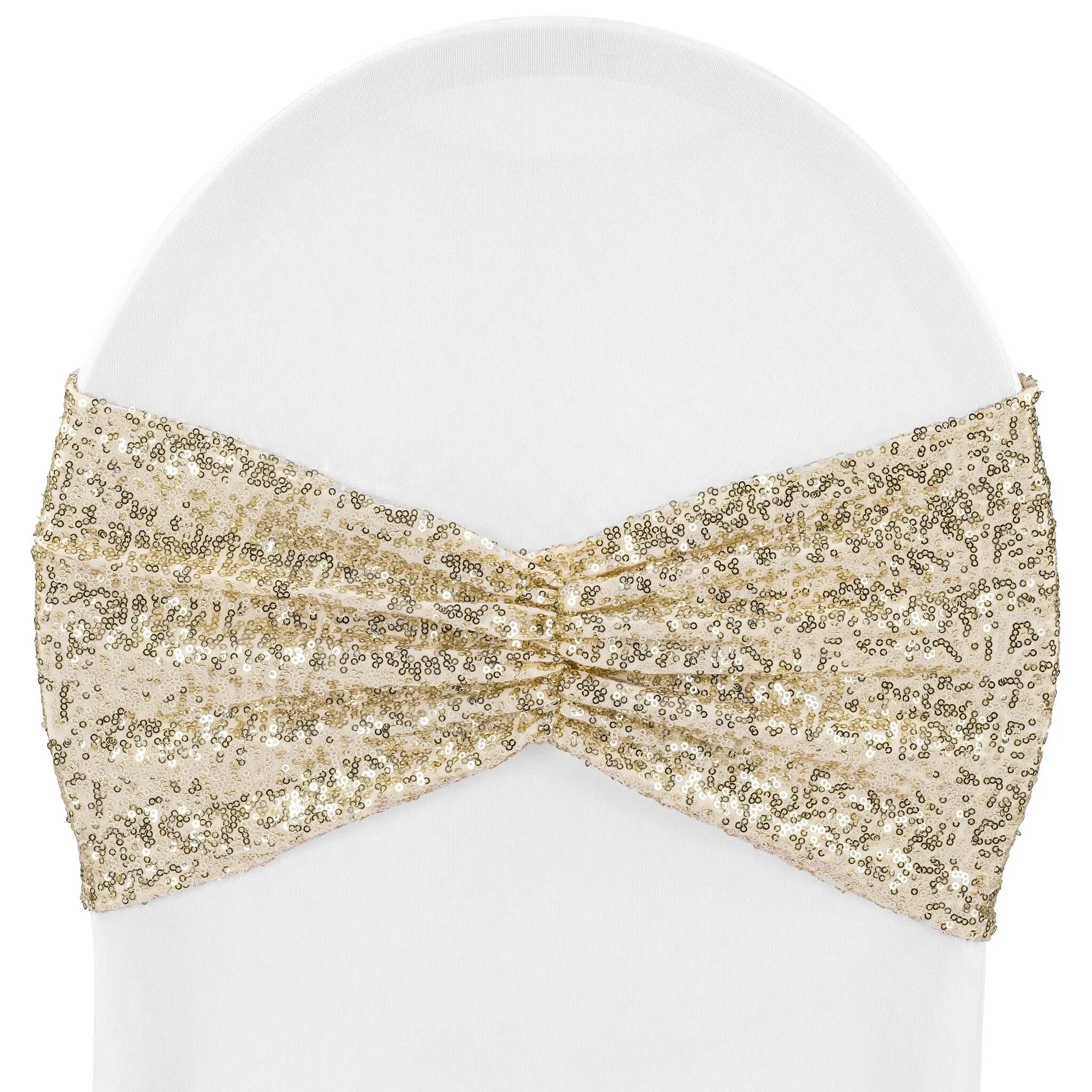 Glitz Ruffle Sequin Spandex Chair Band Sash - Champagne