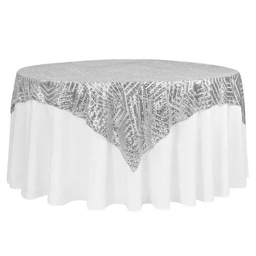Geometric Glitz Art Deco Sequin Table Overlay Topper 72"x72" Square - Silver