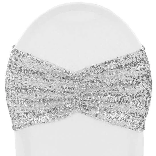 Glitz Ruffle Sequin Spandex Chair Band Sash - Silver