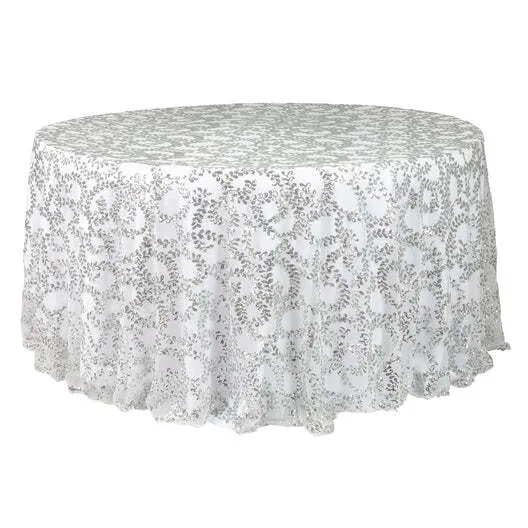 Sequin Vine Tablecloth Overlay 120" Round - Silver
