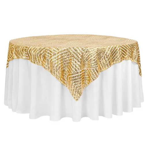 Geometric Glitz Art Deco Sequin Table Overlay Topper 72"x72" Square - Gold
