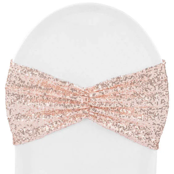 Glitz Ruffle Sequin Spandex Chair Band Sash - Blush/Rose Gold