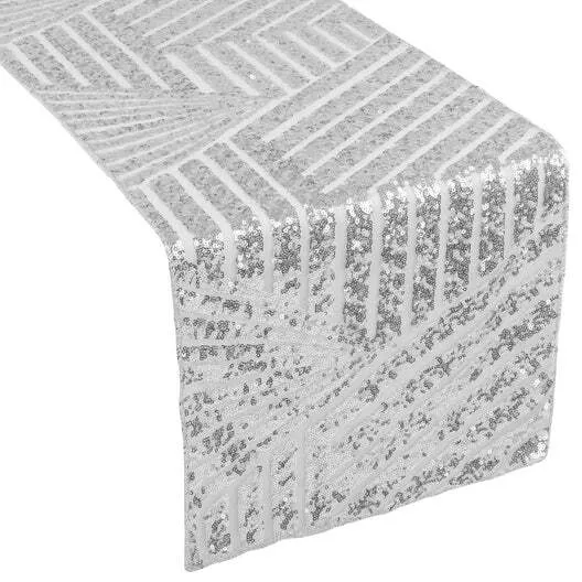 Geometric Glitz Art Deco Sequin Table Runner - Silver