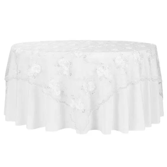 Vintage Veil Embroidery 90"x90" Square Table Overlay Topper - White