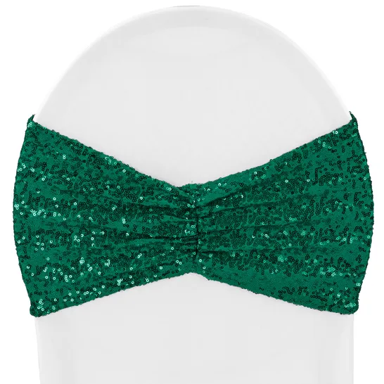 Glitz Ruffle Sequin Spandex Chair Band Sash - Emerald Green