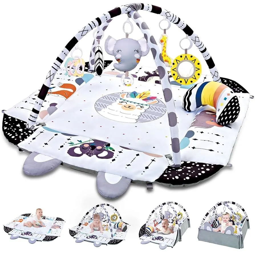 Baby Gym Play Mat, 8-in-1 Tummy Time Mat & Ball Pit with 6 Toys for Toddler Infant 0-3-6-9-12 Months 