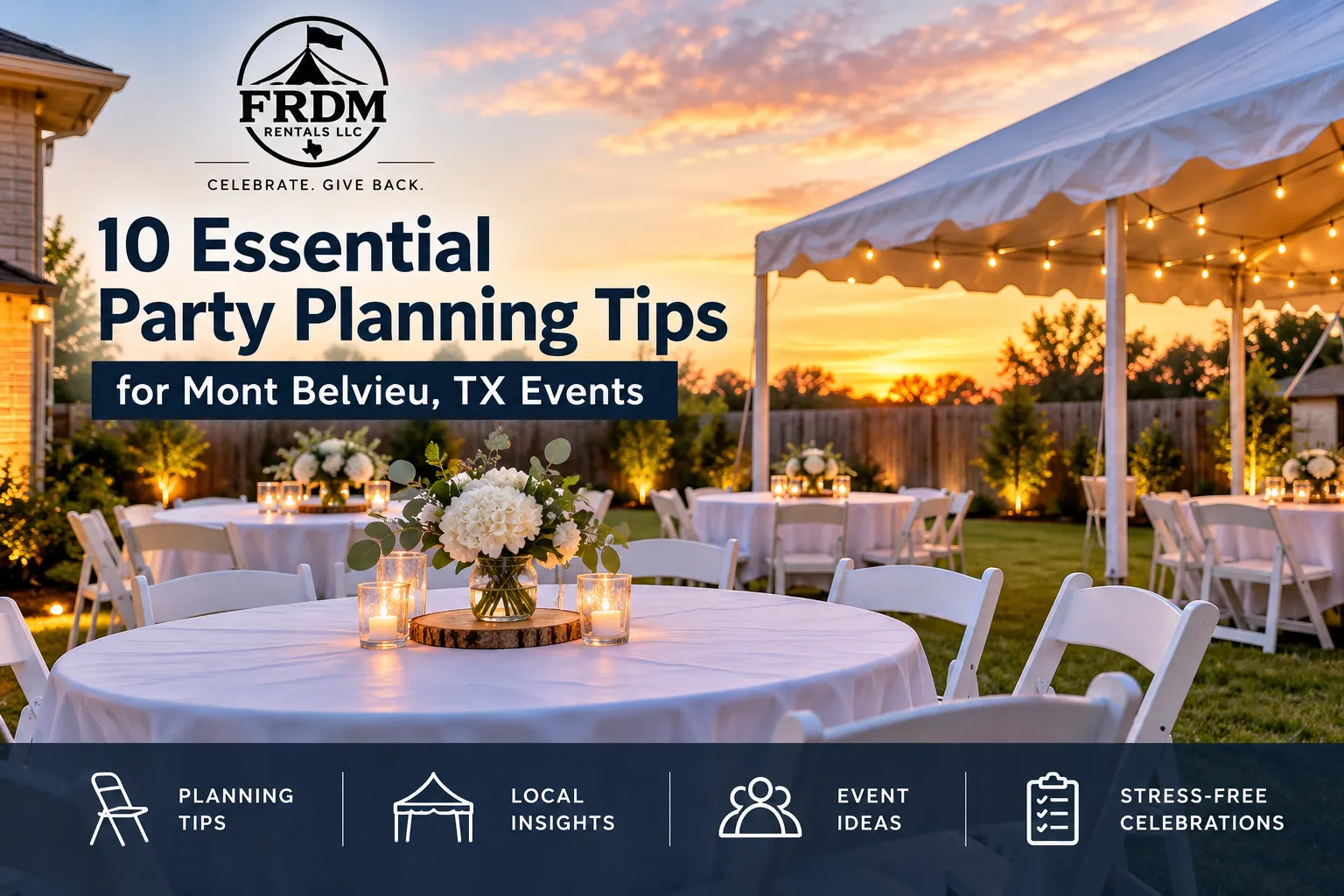 FRDM Rentals party planning tips for Mont Belvieu, TX, featuring an outdoor event with tables, chairs, and a decorated tent.