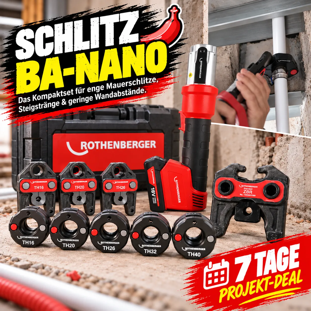 [MIETE] SCHLITZ-BA-NANO-SET | Mini Akku Presszange + TH 16-40 Pressbacken & Pressringe + Lieferung | 7 Tage Deal