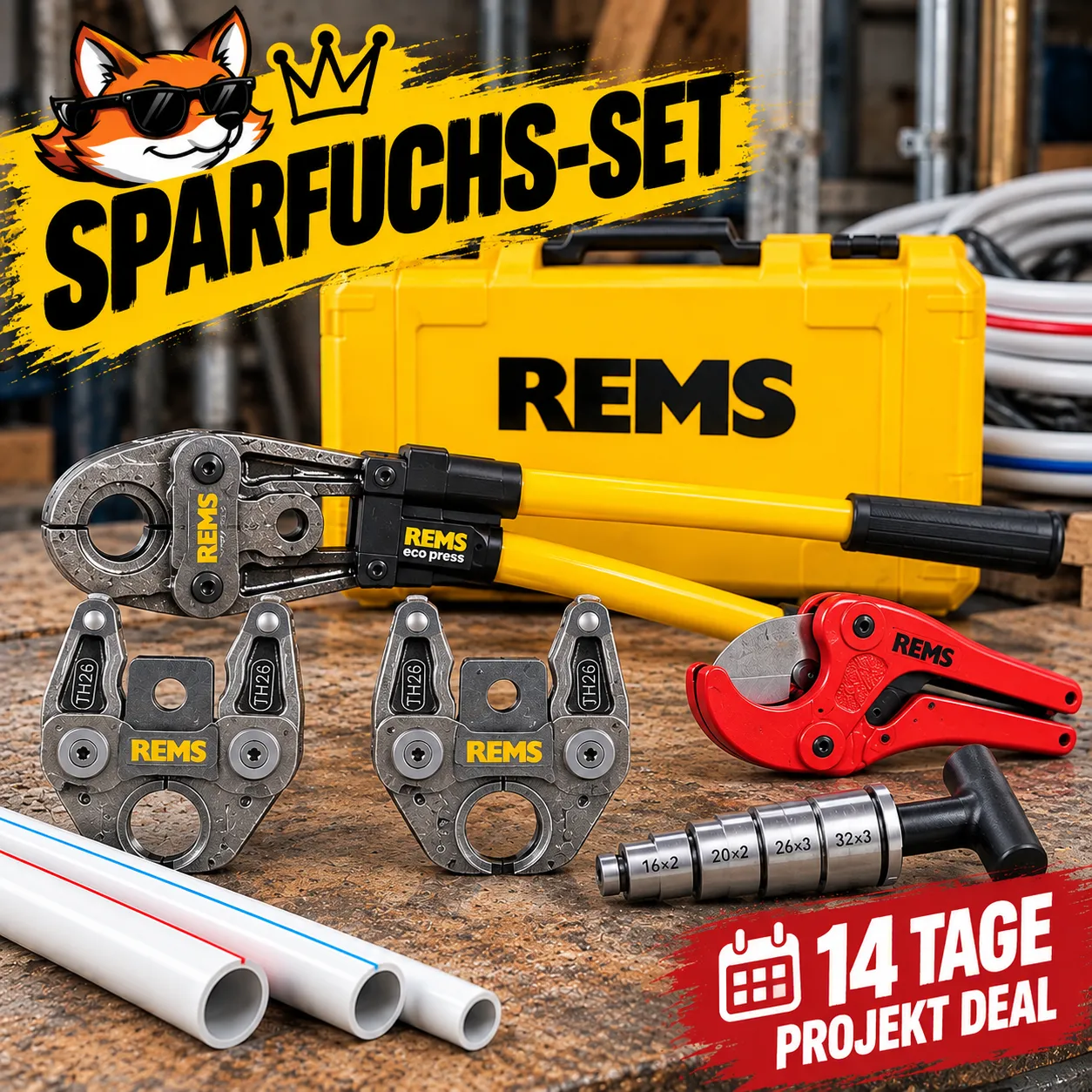 [MIETE] SPARFUCHS-SET | Hand-Presszange + TH 16 · 20 · 26 Pressbacken + Zubehör + Lieferung | 14 Tage Deal