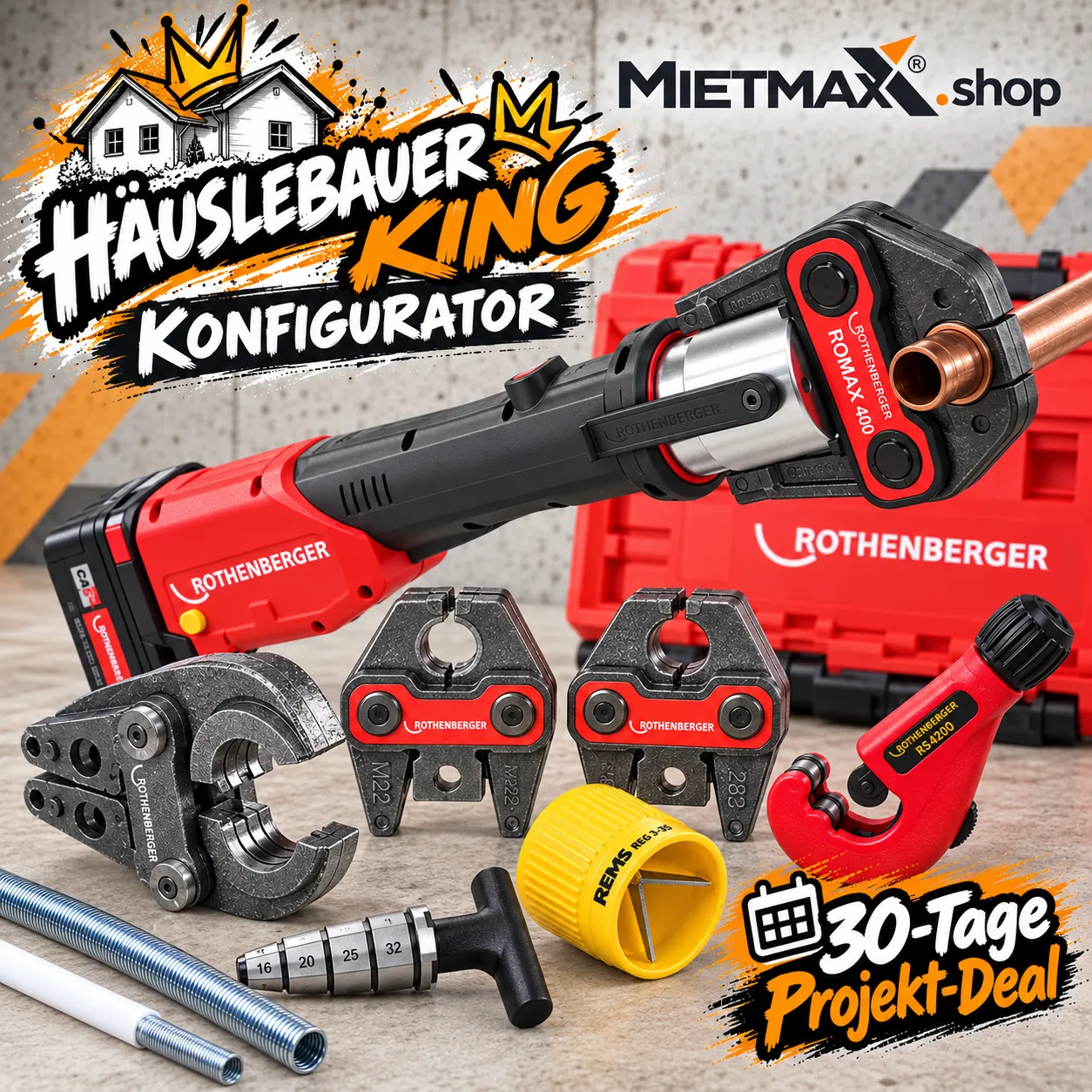 [MIETE] HÄUSLEBAUER-KING Konfigurator | Akku Presszange + 5 Pressbacken + Zubehör + Lieferung | 30 Tage Deal