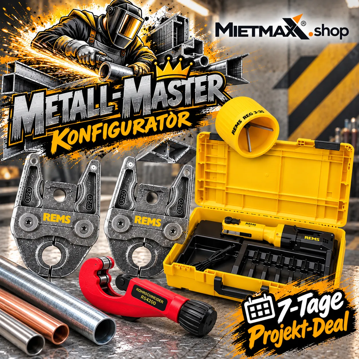 [MIETE] METALL-ROHR-SET Konfigurator | Presszange + 3 Pressbacken + Zubehör + Lieferung | 7 Tage Deal