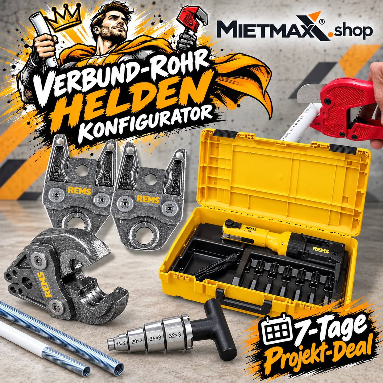 [MIETE] VERBUND-ROHR-SET Konfigurator | Presszange + 3 Pressbacken + Zubehör + Lieferung | 7 Tage Deal