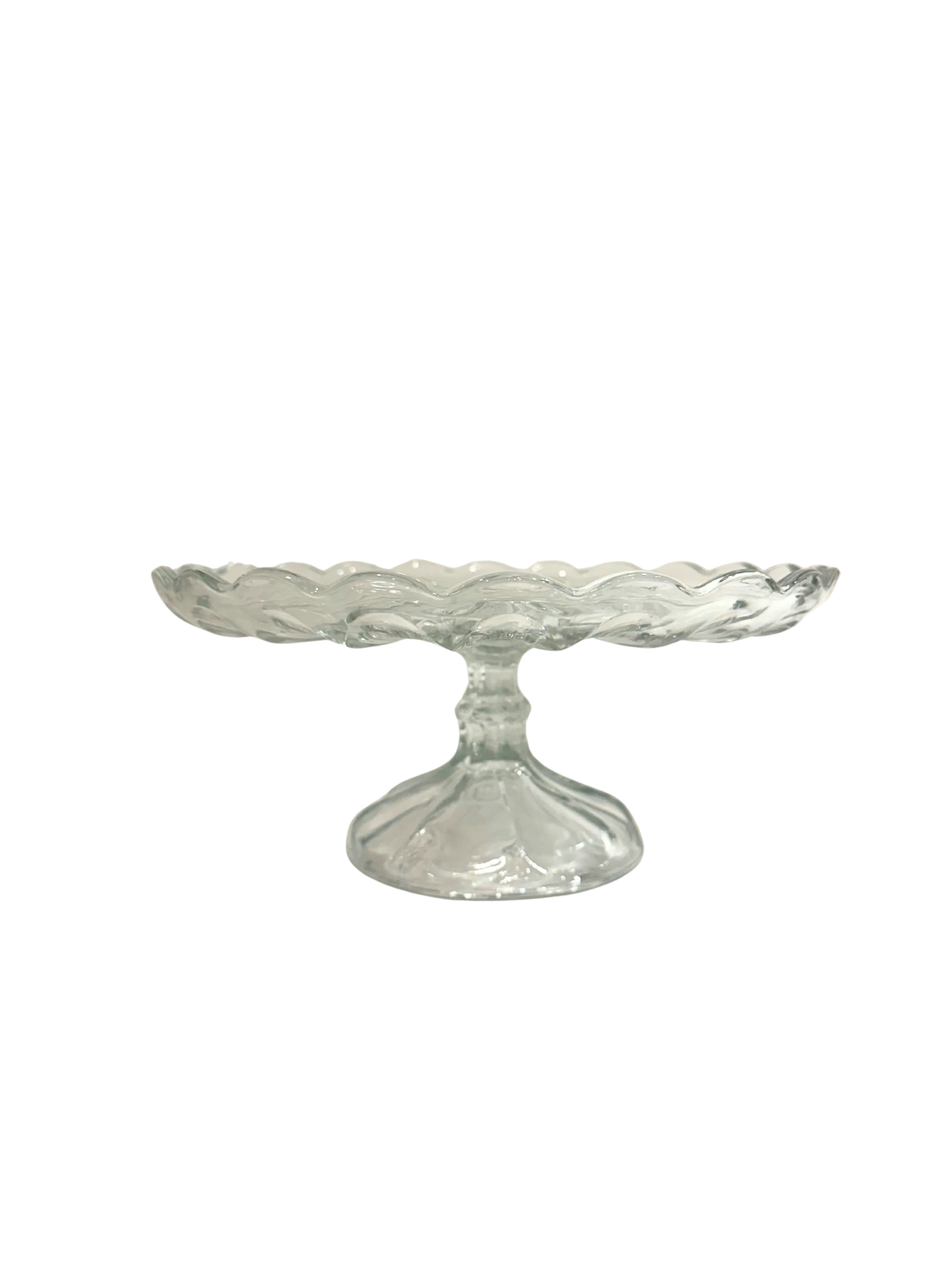 Scalloped clear glass cake plate