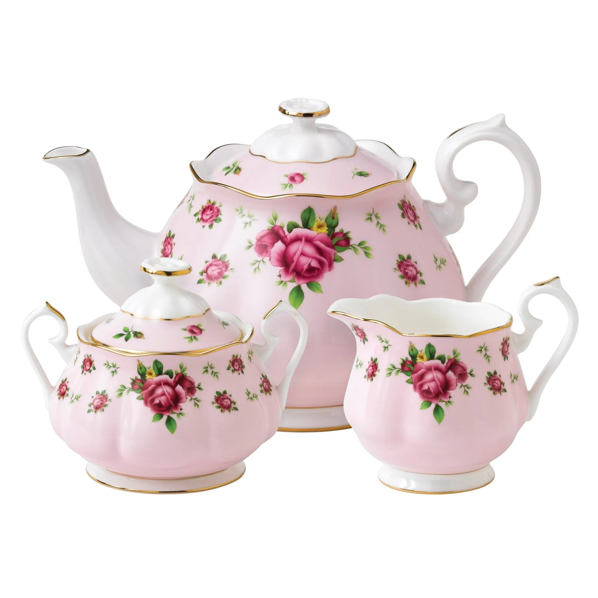 Royal Albert "New Country Roses" Pink 3 piece Set - Teapot, Sugar bowl and creamer