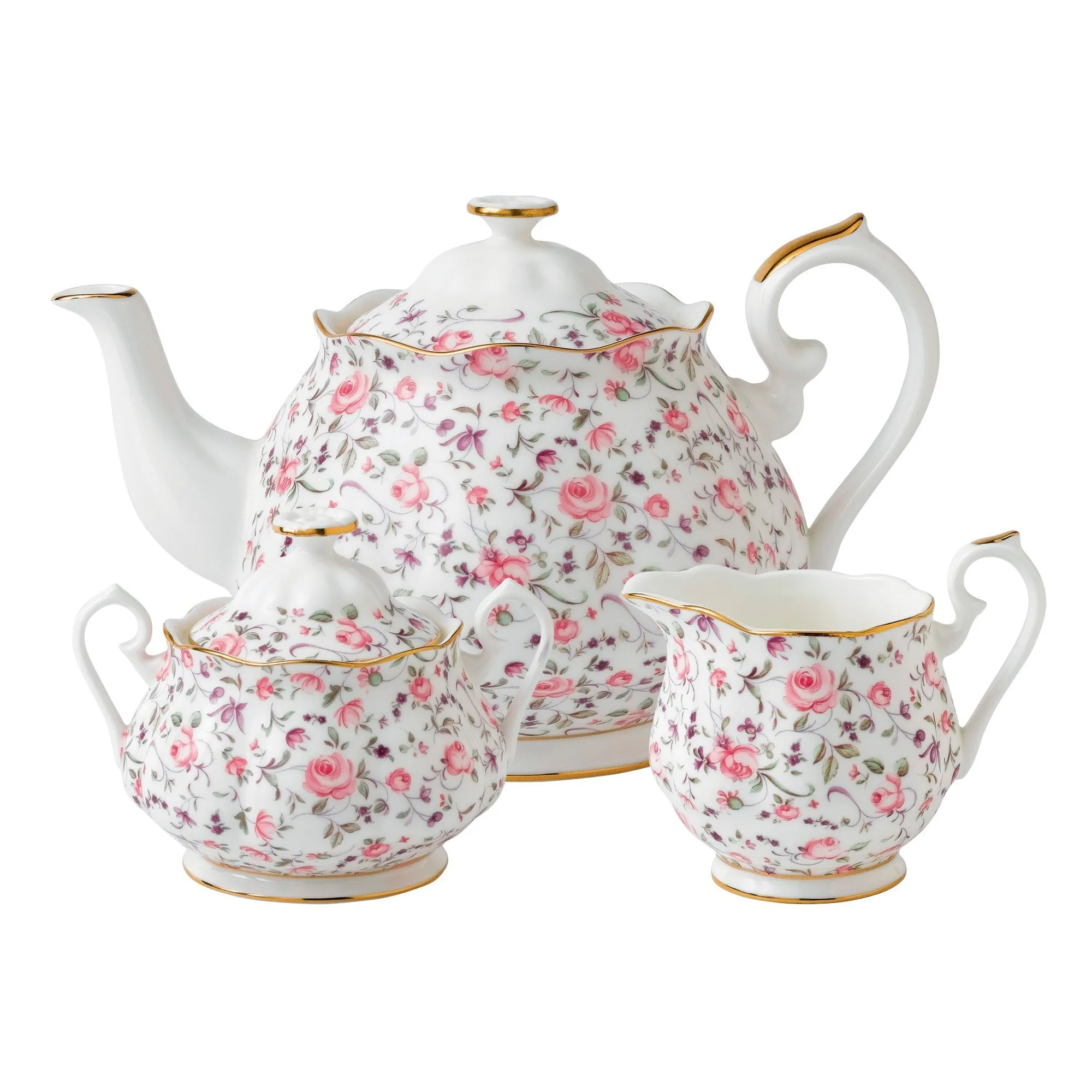 Royal Albert "Rose Confetti" 3 piece set - Teapot, Sugar bowl and creamer