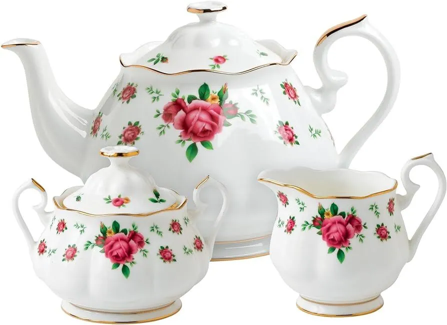 Royal Albert "New Country Roses" White 3 piece Set - Teapot, Sugar bowl and creamer