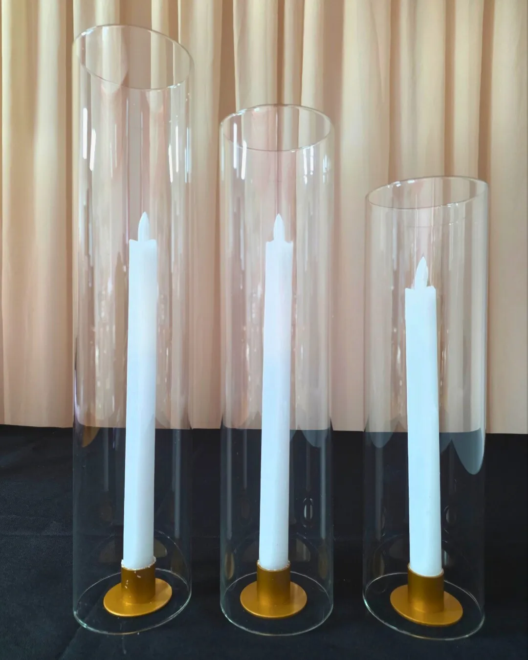 Sofia Luminare – Clear 35cm Sleeve, Gold Matte Base & LED Dinner Candle 29cm