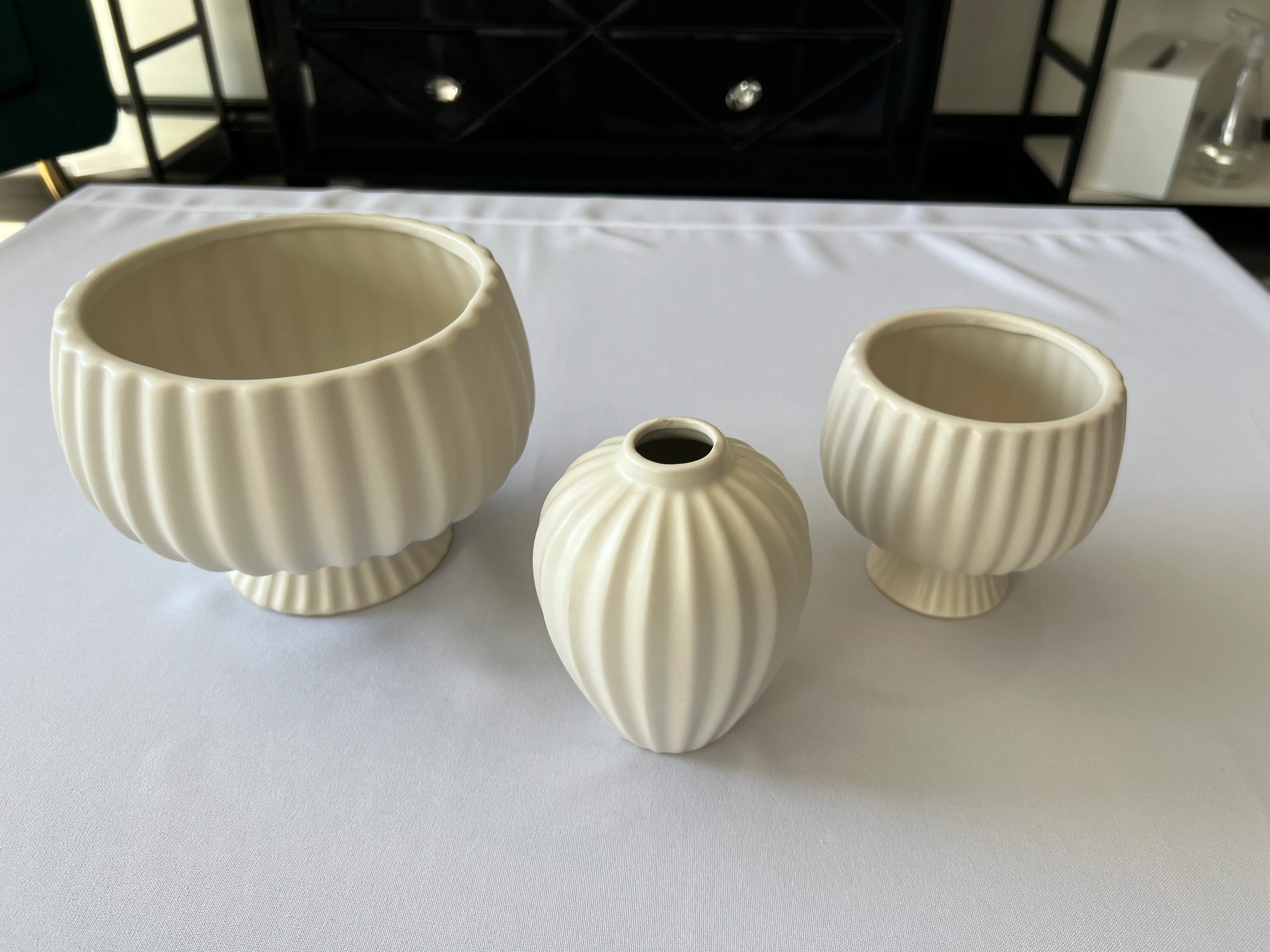 Cream Ribbed Compotes and Vases