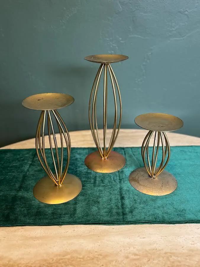 Trio of Gold Metal Candle Holders (11, 8 1/2, 6 1/2 inches)