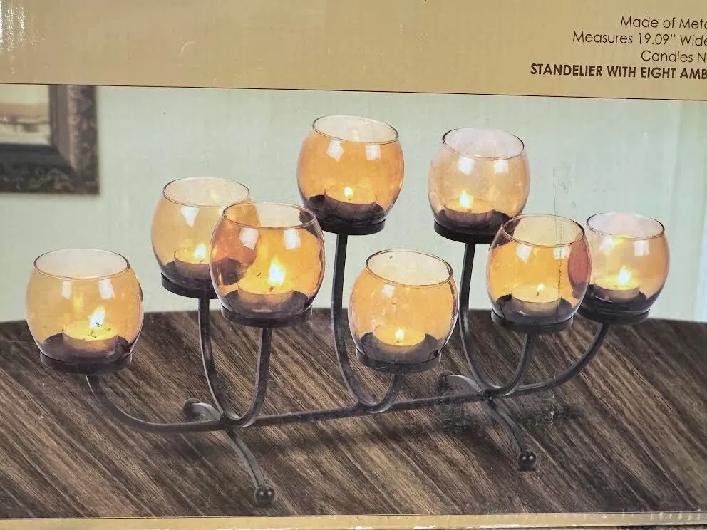 Long tabletop Candle Holder (standelier with 8 amber votives) 19 inches long