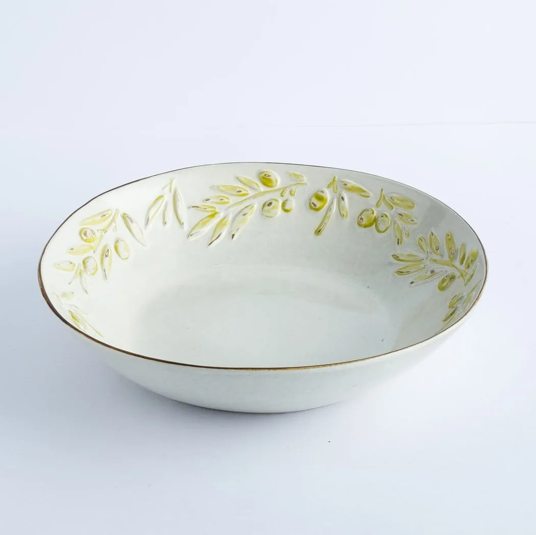 BW20-0272 - White Green Ceramic Ulam Bowl - 9.5" 2" (DH)