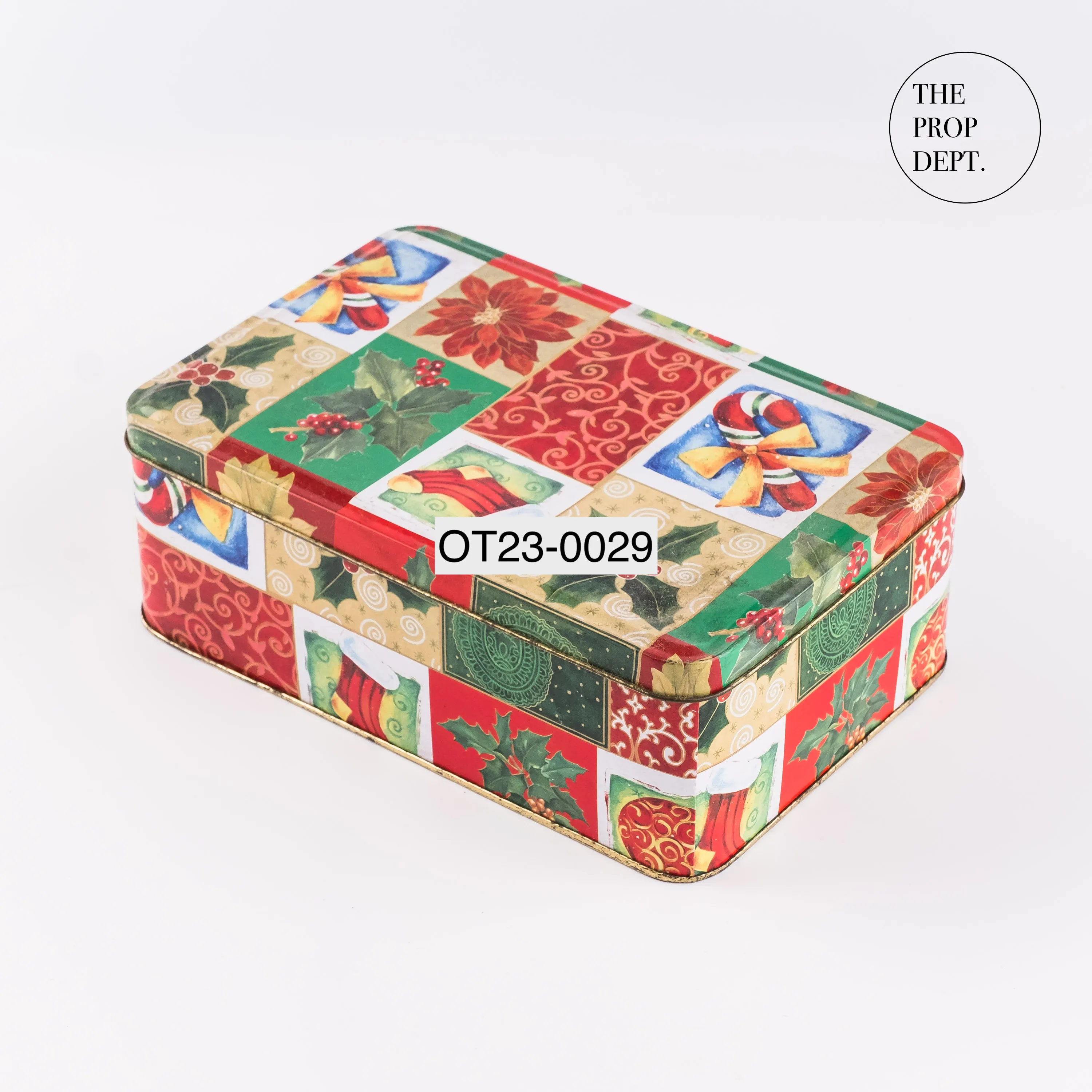 OT23-0029 - Green Red Metal Tin Box - 7.75" 5" 2.75" (LWH)