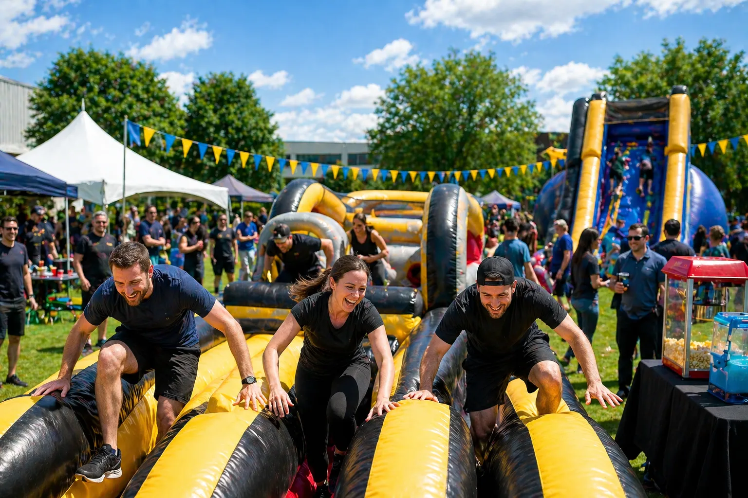 Activités corporatives avec jeux gonflables et animation extérieure lors d’un événement au Centre-du-Québec