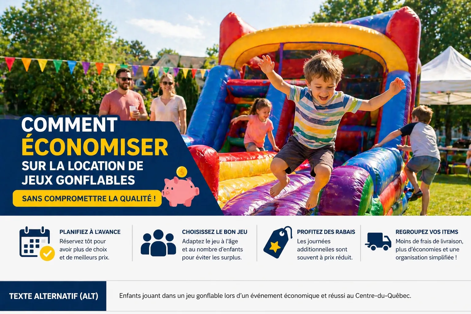 Enfants jouant dans un jeu gonflable lors d’un événement économique et réussi au Centre-du-Québec