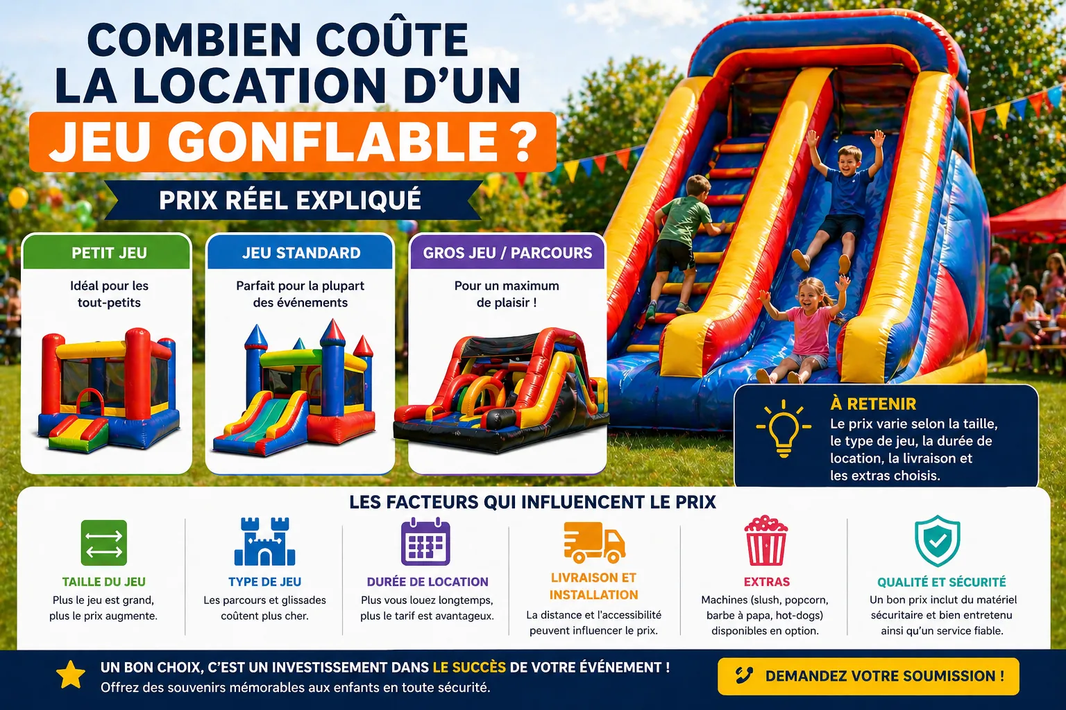 Jeu gonflable avec enfants lors d’un événement extérieur illustrant le prix et la valeur de la location au Centre-du-Québec