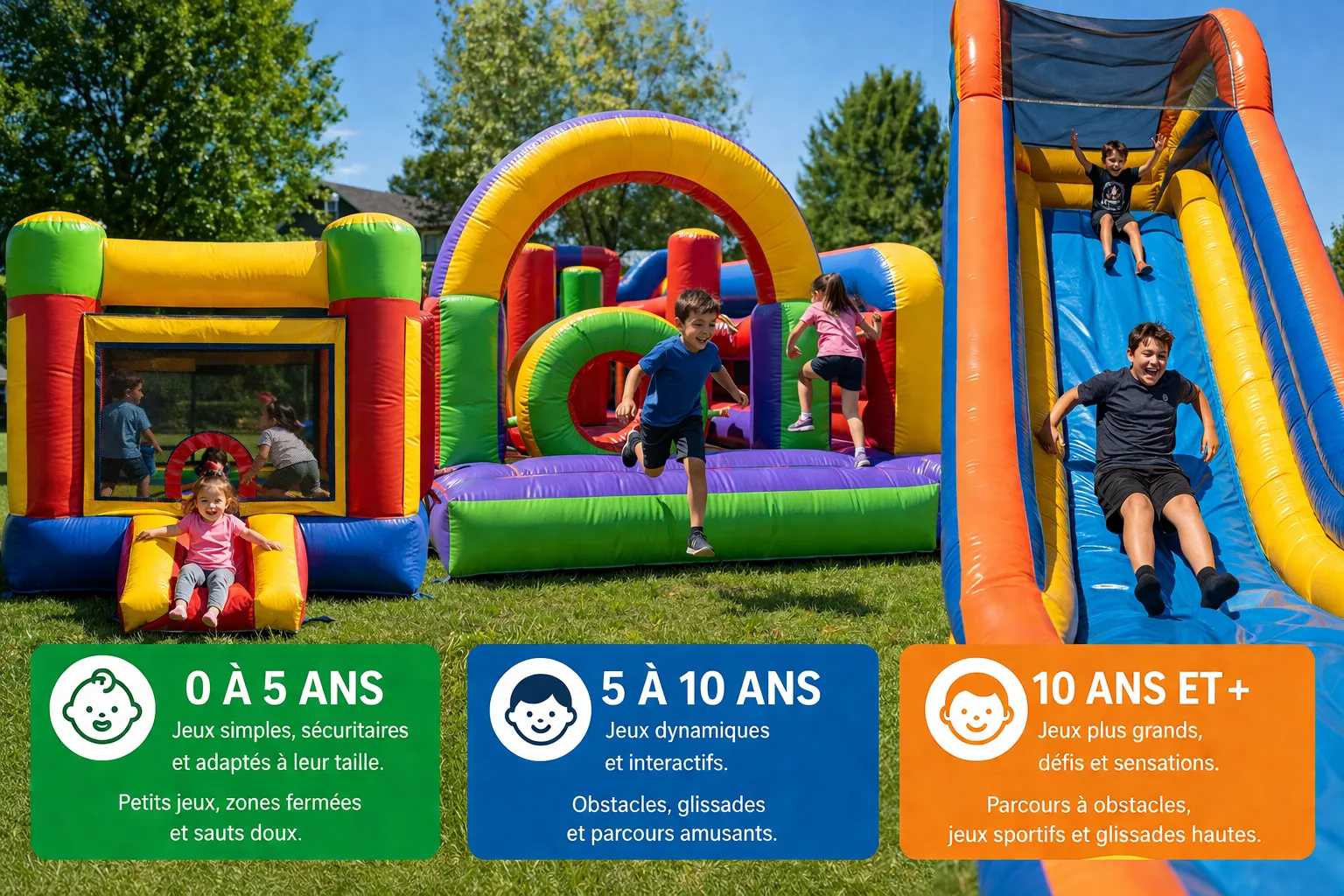 Enfants de différents âges jouant dans des jeux gonflables adaptés lors d’un événement au Centre-du-Québec