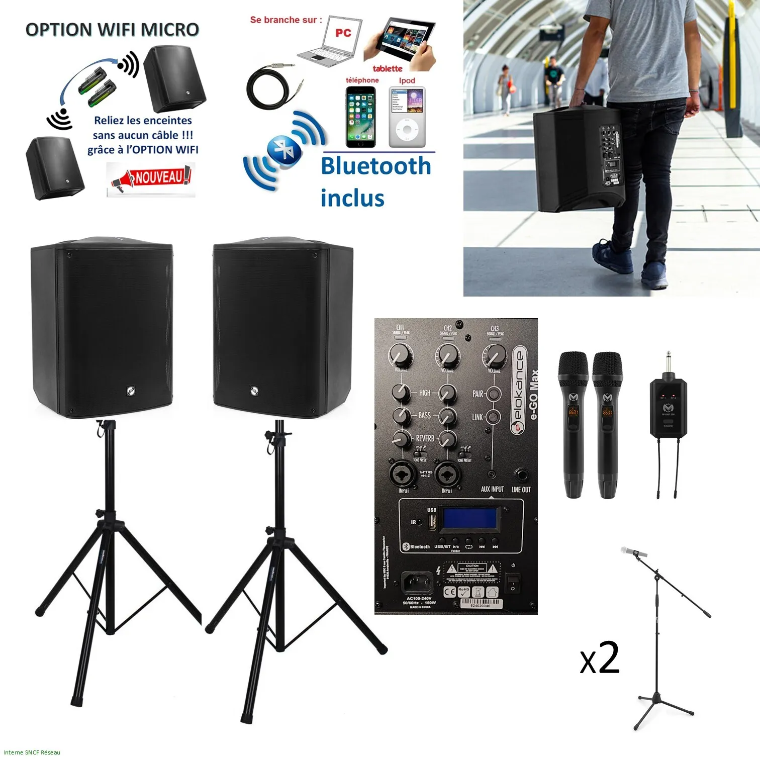 Pack DUO Enceintes sur batterie + 2 micros HF (sans FIL)