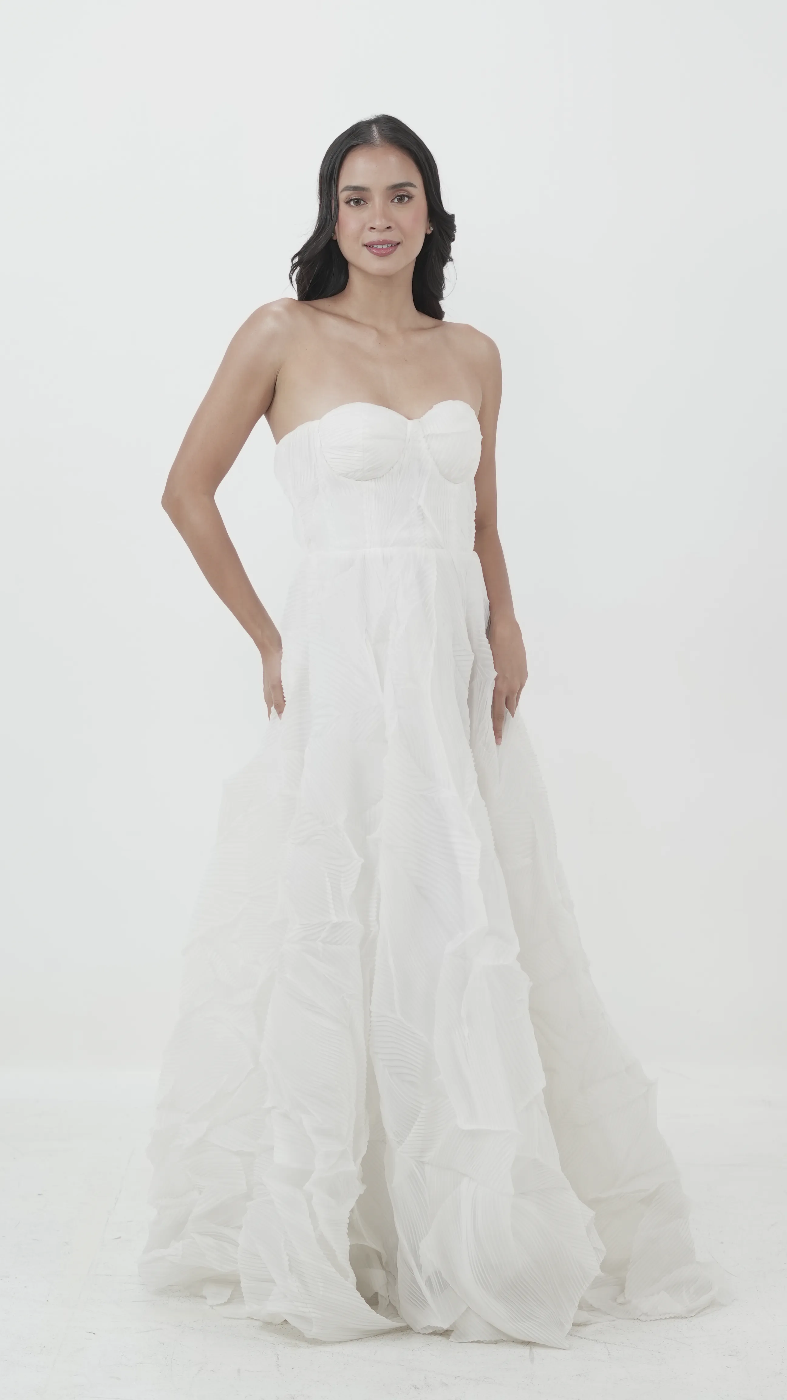 White Pleated Strapless Ball Gown