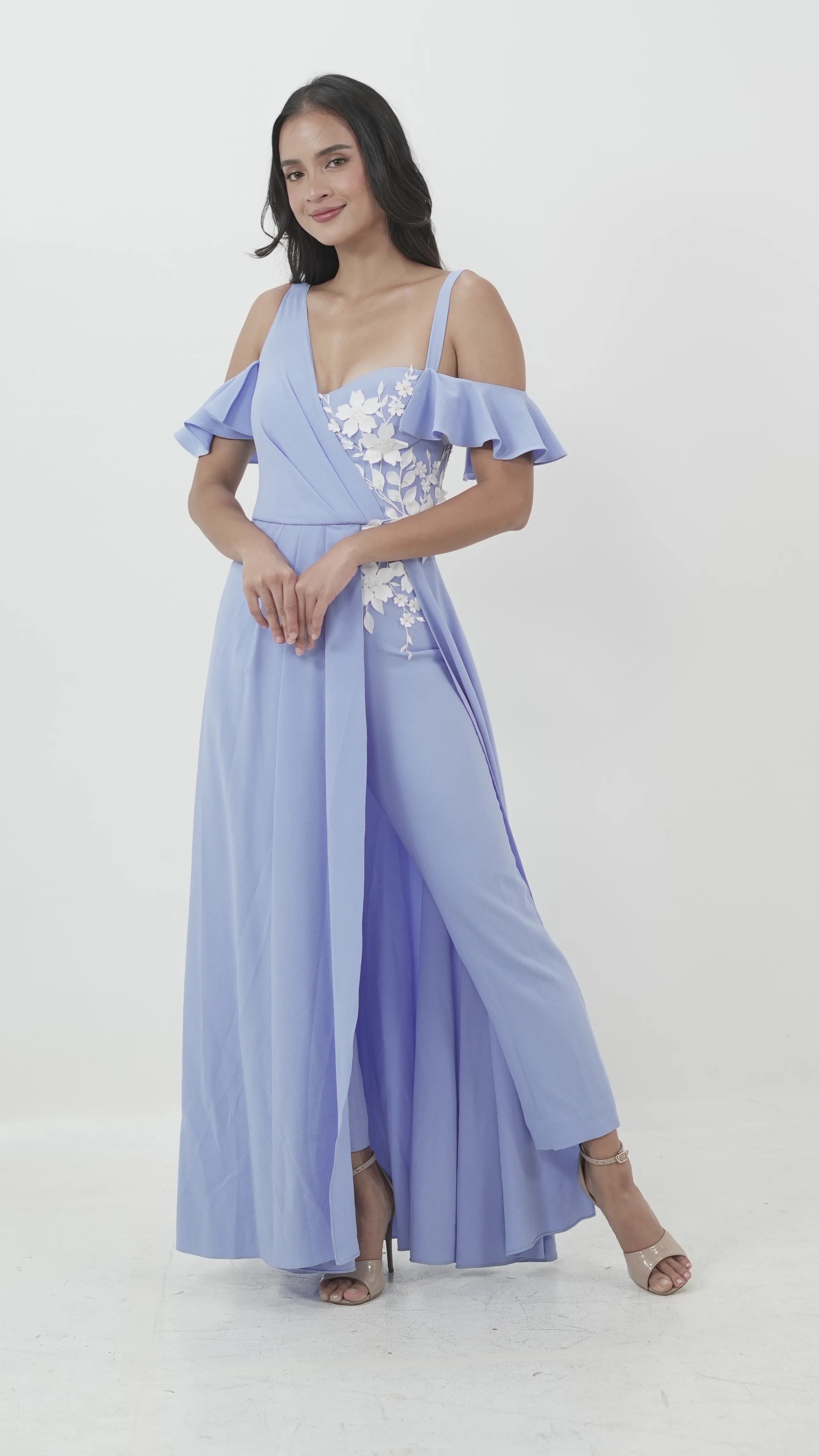 Blue Cold-Shoulder Jumpsuit Gown