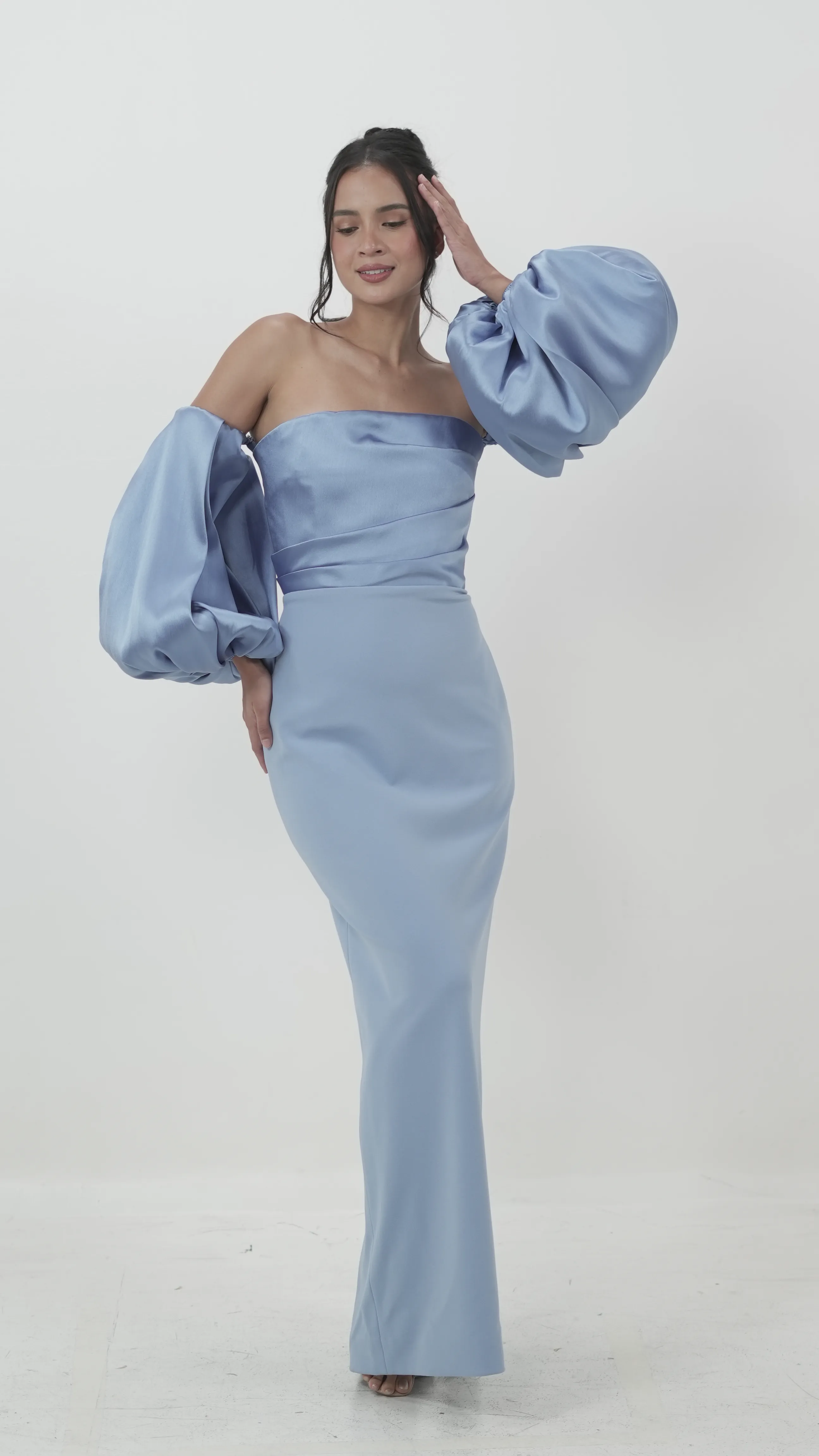 Periwinkle Off-Shoulder Satin Gown