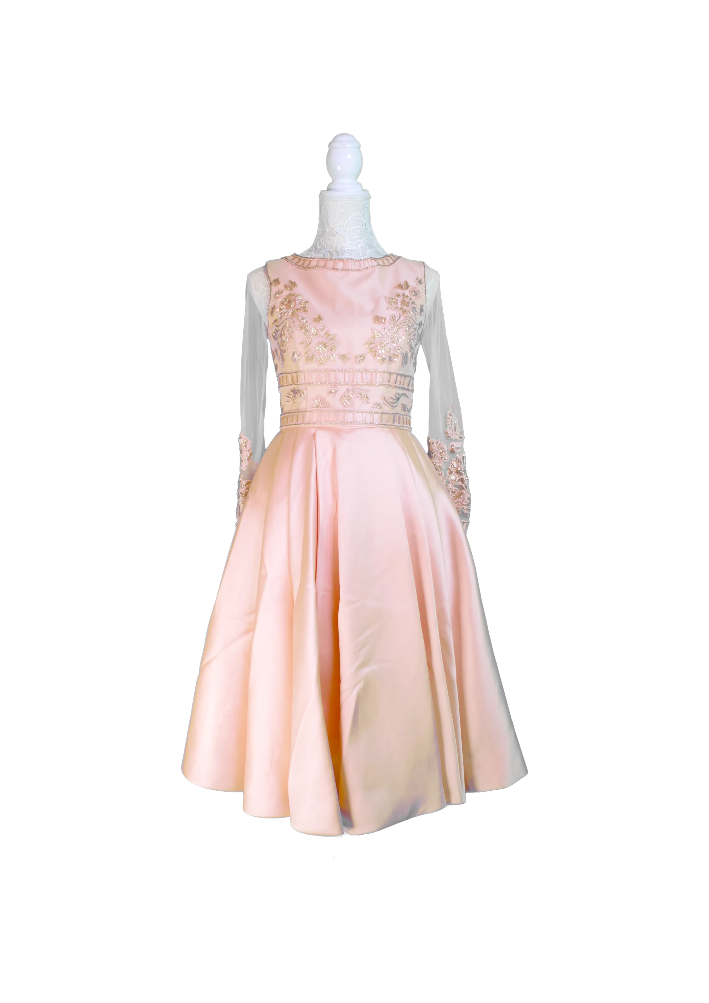 Blush Embroidered Midi Dress with Sheer Sleeves